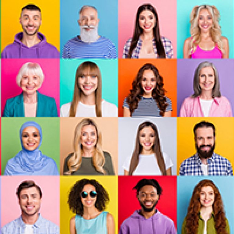 Collage of large group of smiling people composite portrait image gathered together reaching out each other 4g 5g connection contacting multiracial society