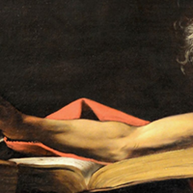 Caravaggio's Saint Jerome Writing (1606). Classical painting by famous artist Michelangelo Merisi da Caravaggio. Antique artwork by Caravaggio.