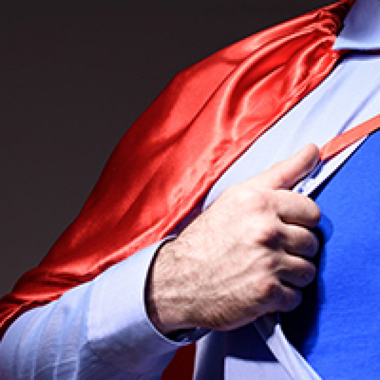 handsome super businessman in mask and cape showing blue shirt and looking away isolated on black